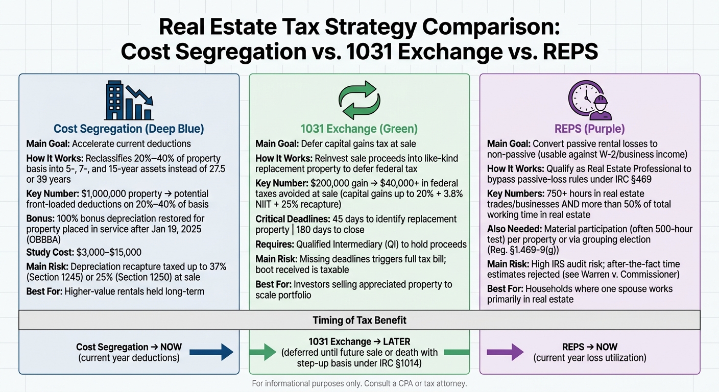Cost Segregation vs. 1031 Exchange vs. REPS: Real Estate Tax Strategy Comparison