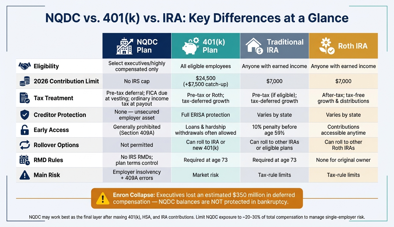 NQDC vs 401(k) vs IRA: Key Differences at a Glance