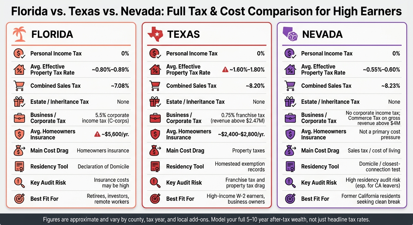 Florida vs Texas vs Nevada: Full Tax & Cost Comparison for High Earners