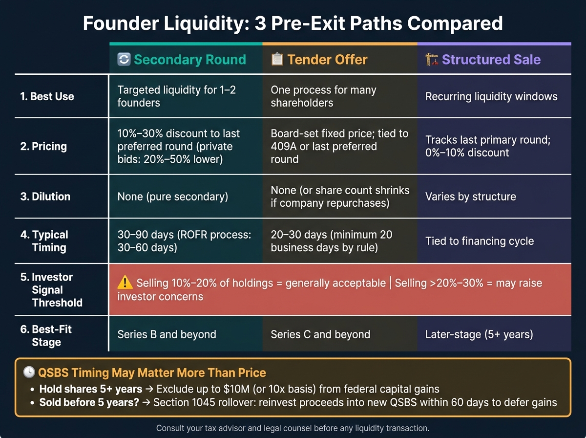Founder Liquidity Options: Secondary Rounds vs. Tender Offers vs. Structured Sales