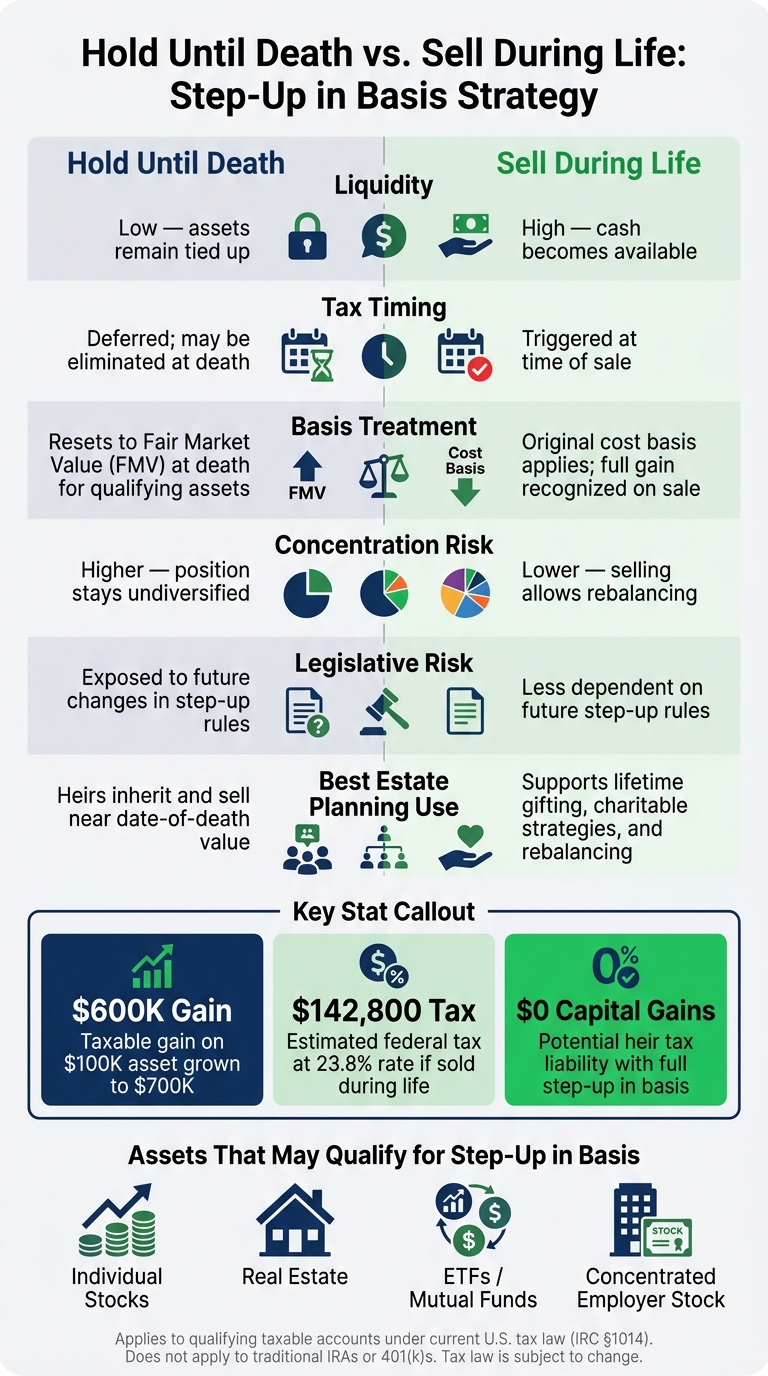 Hold Until Death vs. Sell During Life: Step-Up in Basis Tax Strategy Comparison