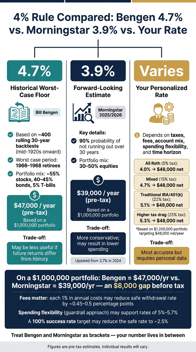4% Rule Compared: Bengen 4.7% vs Morningstar 3.9% vs Your Rate