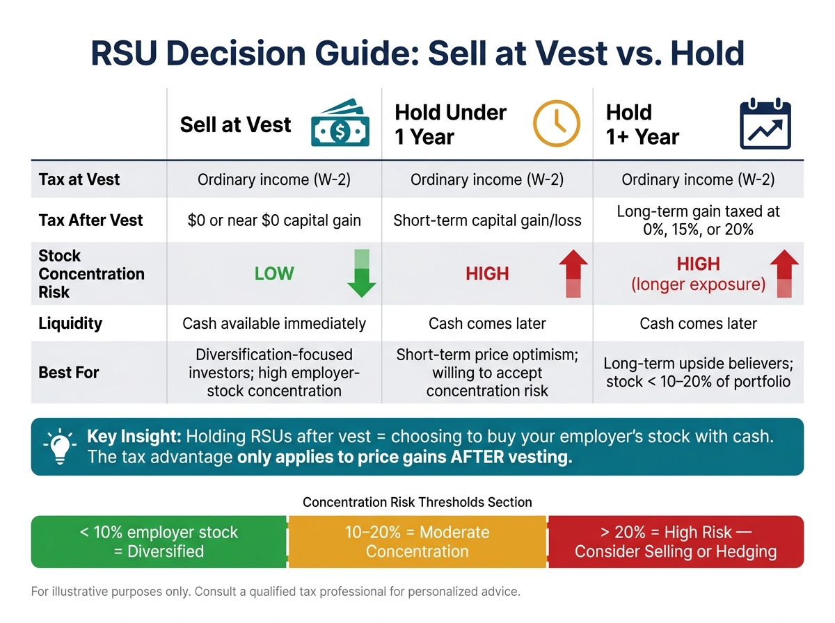 RSU Decision Guide: Sell at Vest vs. Hold – Tax & Concentration Tradeoffs