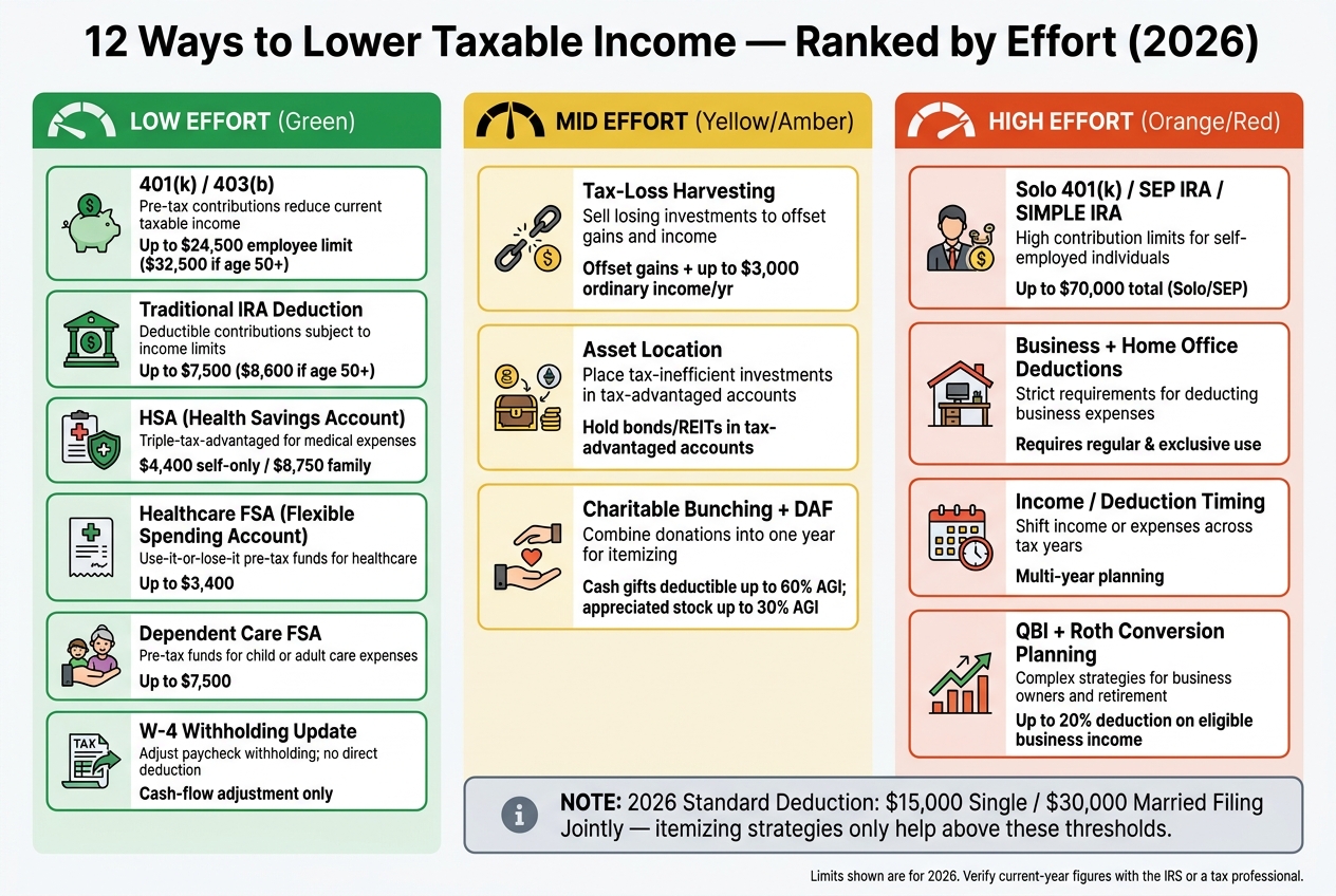12 Ways to Lower Taxable Income: Ranked by Effort (2026)