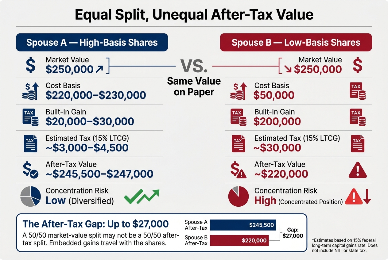 Equal Split, Unequal After-Tax Value: Low vs. High Basis Divorce Portfolio