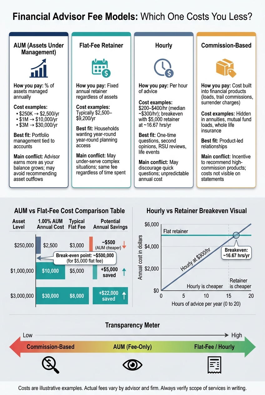 Financial Advisor Fee Models Compared: AUM vs Flat-Fee vs Hourly vs Commission