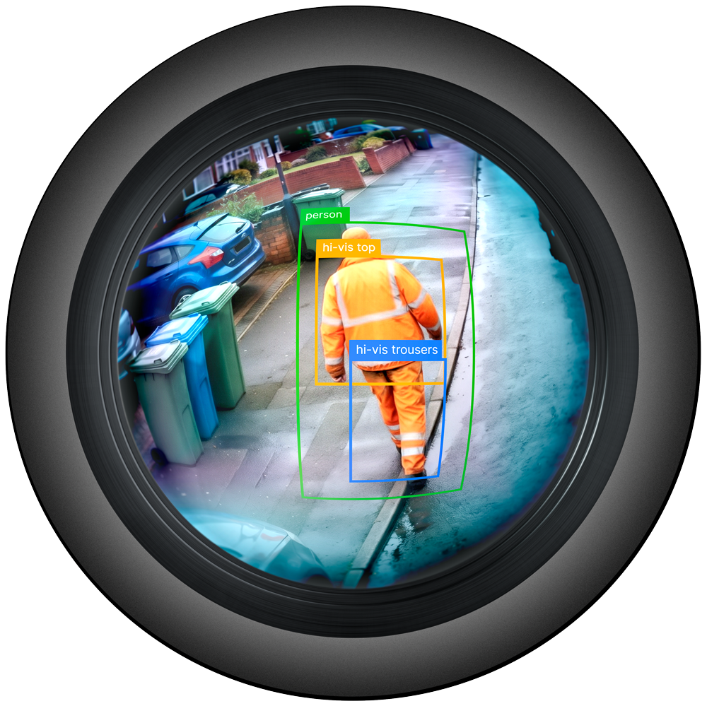 View through a circular lens focusing on a person walking on a sidewalk wearing orange high-visibility top and trousers, with labelled bounding boxes identifying 'person', 'hi-vis top', and 'hi-vis trousers'. Trash bins and parked cars line the street.