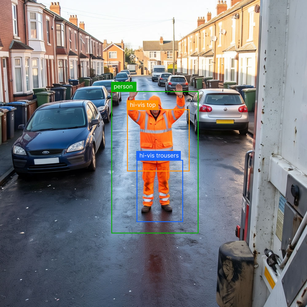 Person wearing an orange high-visibility jacket and trousers standing in the middle of a residential street with arms raised, directing traffic, surrounded by parked cars and rows of houses.