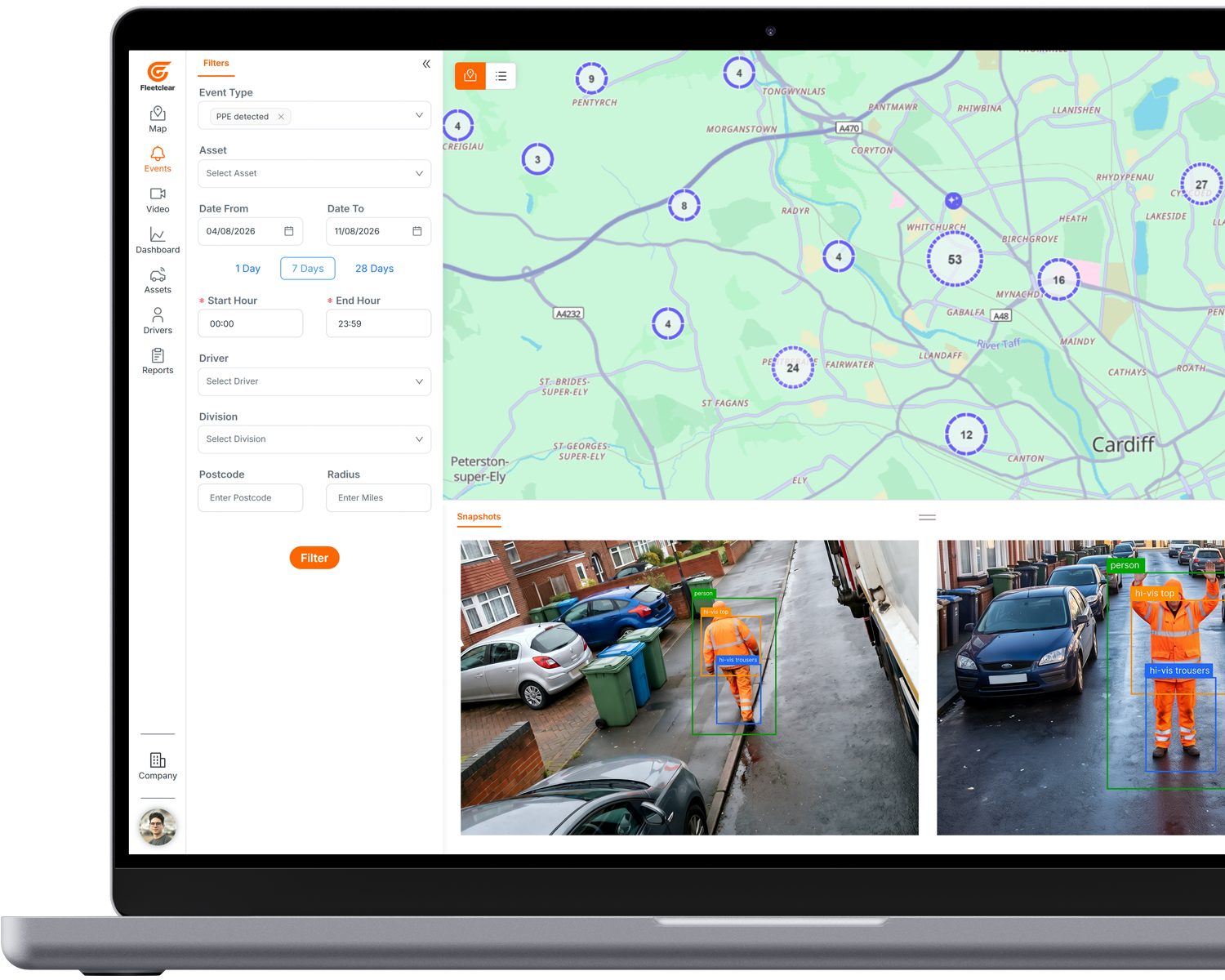 Laptop screen displaying Fleetclear Connect dashboard with a map showing incident counts in circular markers, and filters on the left such as PPE detected event type, date range, and driver details, with two street photos below showing people in hi-vis orange top and trousers detected and labeled.