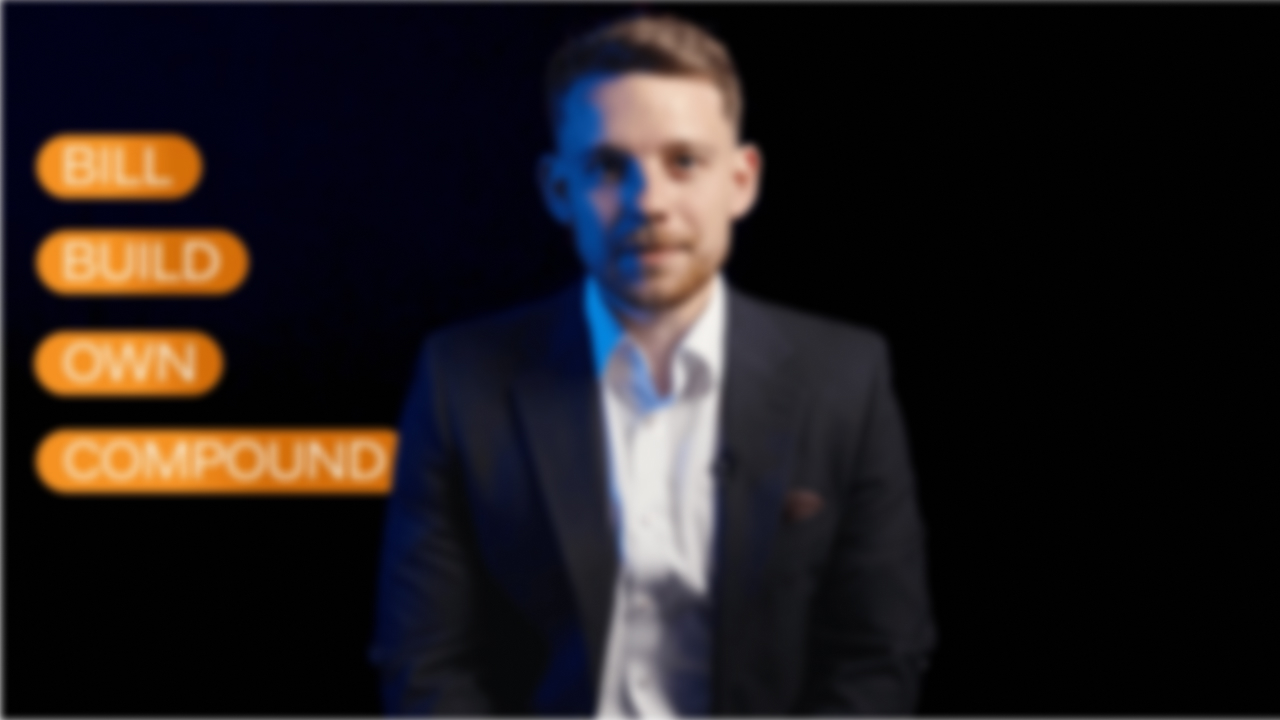 Blurred image of a man in a suit with the words Bill, Build, Own, Compound in orange boxes on left.