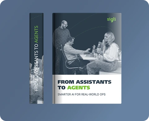 Book cover titled 'From Assistants to Agents: Smarter AI for Real-World Ops' showing three people interacting around a table with technology devices.