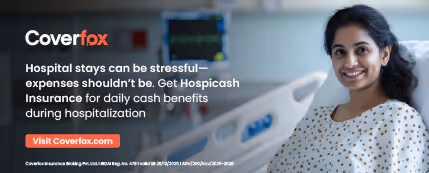 Smiling woman in hospital gown sitting in a hospital bed with text promoting Coverfox Hospicash Insurance for daily hospitalization cash benefits.