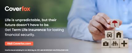 Hand stacking wooden blocks with home, family, health, and financial icons next to Coverfox term life insurance ad text.