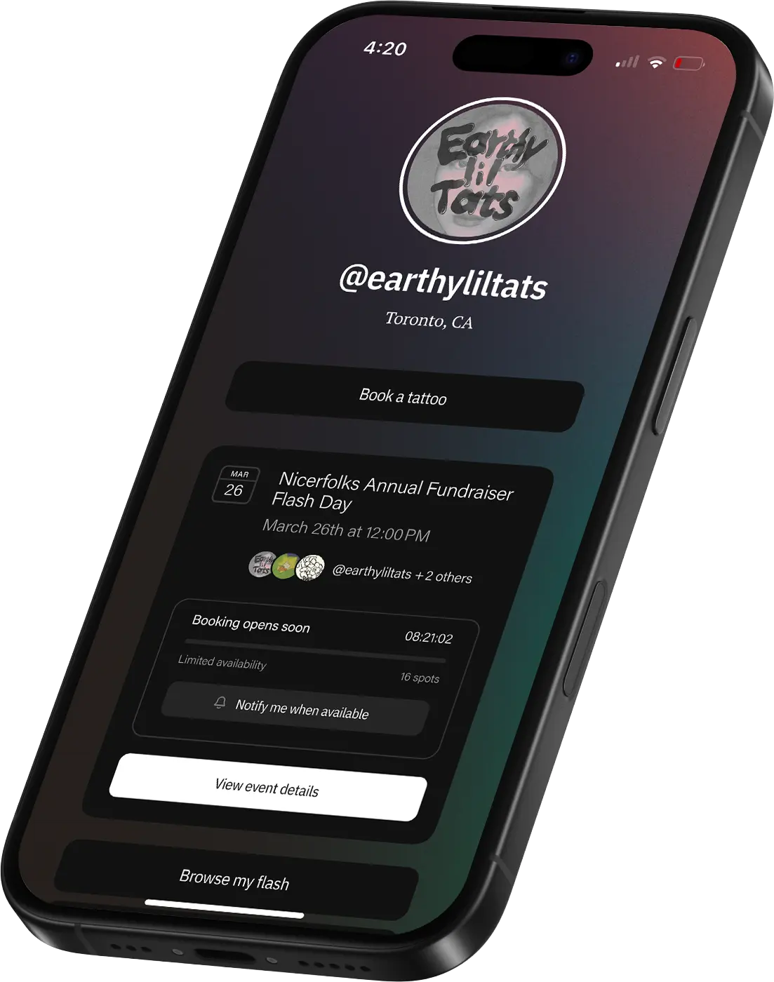 Phone showing what hosting a flash day on Venue Ink looks like