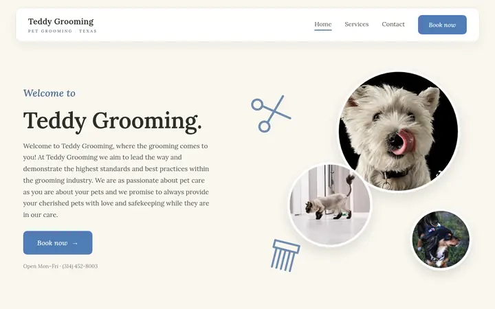 Magnolia Booking Website template for Teddy Grooming, with soft circular pet photos and a boutique serif headline