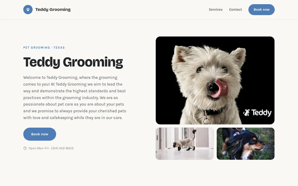 A Teddy Booking Website in the Warm Editorial template, showing the shop name, welcome text, hours, phone number and pet photos
