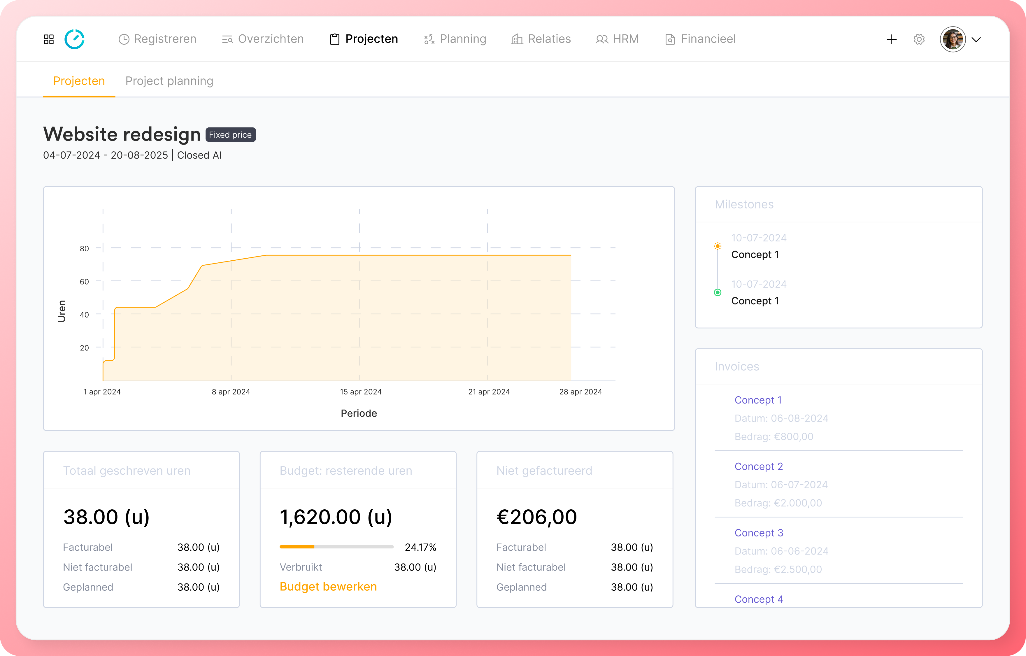 Visual van het projecten dashboard van TimeChimp