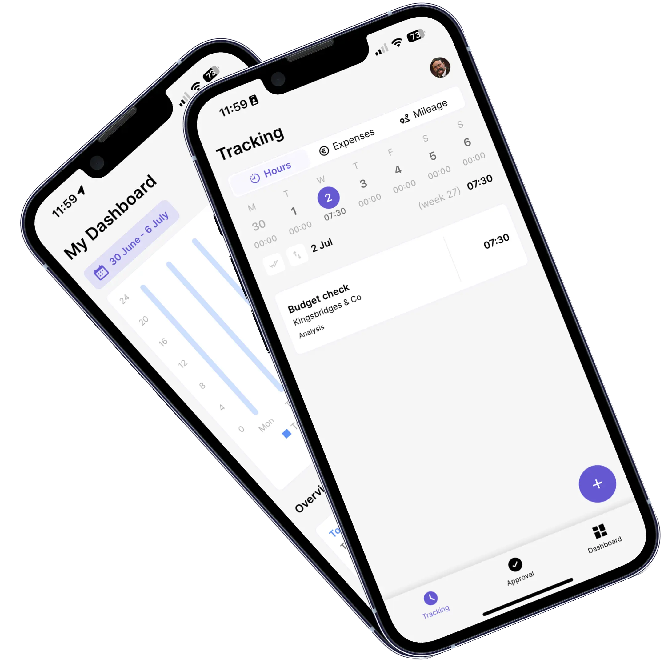2 telefoons laten de mobile app van TimeChimp zien