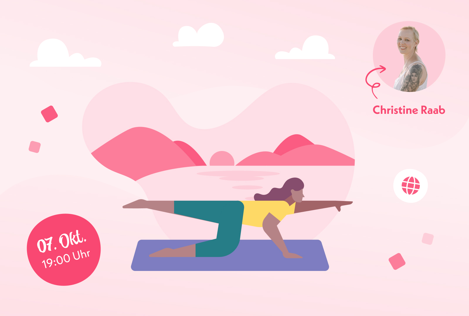 Ein junge Frau macht Yoga vor einer traumhaften Landschaft.