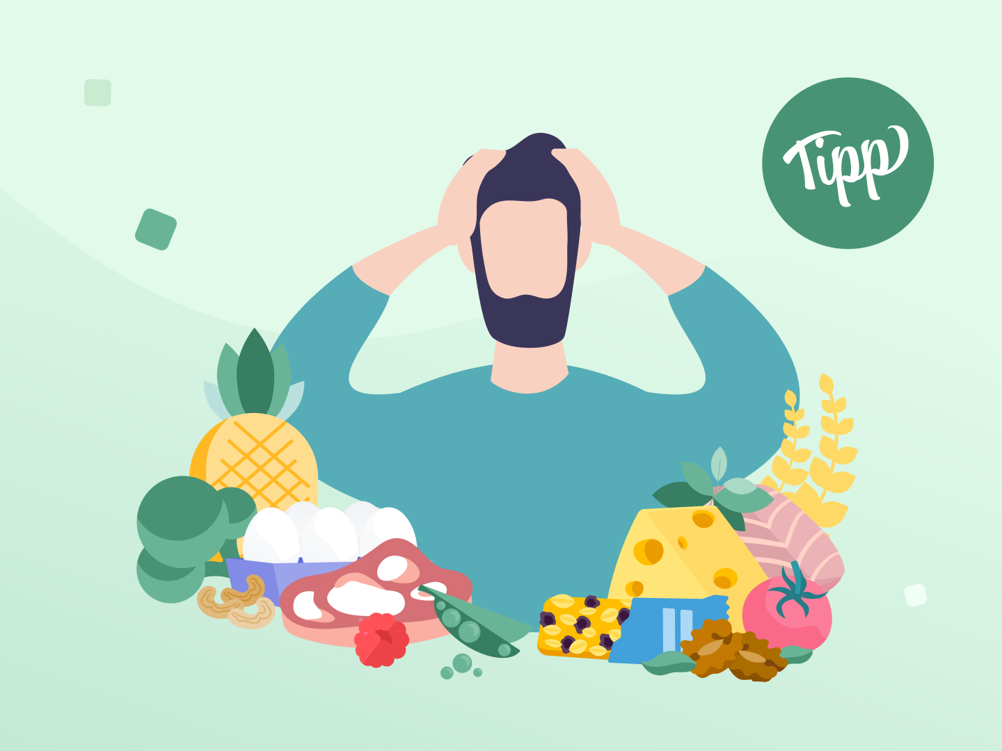 Ein junger Mann hält verzweifelt seine Hände an den Kopf und schaut auf eine Sammlung von Lebensmitteln.