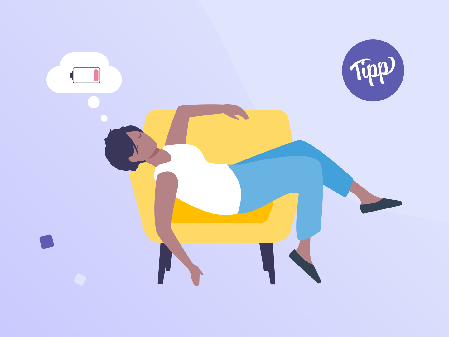 Eine junge Frau sitzt energielos auf einem Sessel.