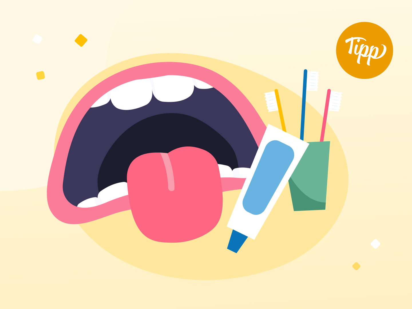 Ein offener Mund, Zahncreme und -pasta.