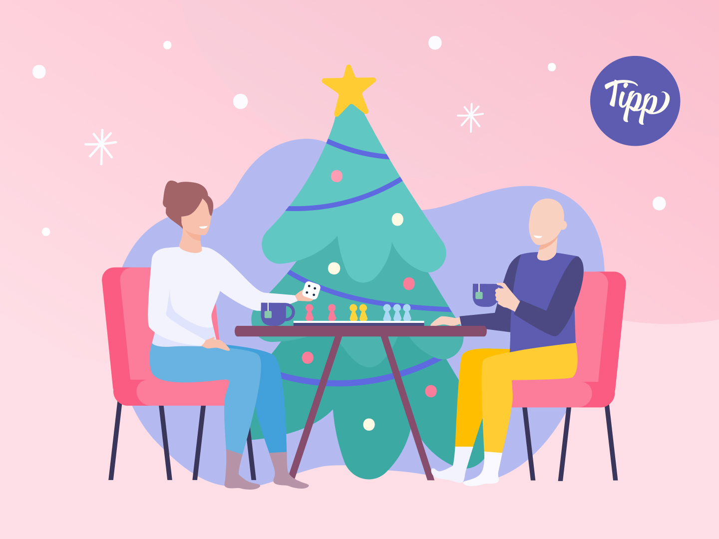 Zwei glückliche Menschen sitzen vorm Weihnachtsbaum und spielen ein Spiel.