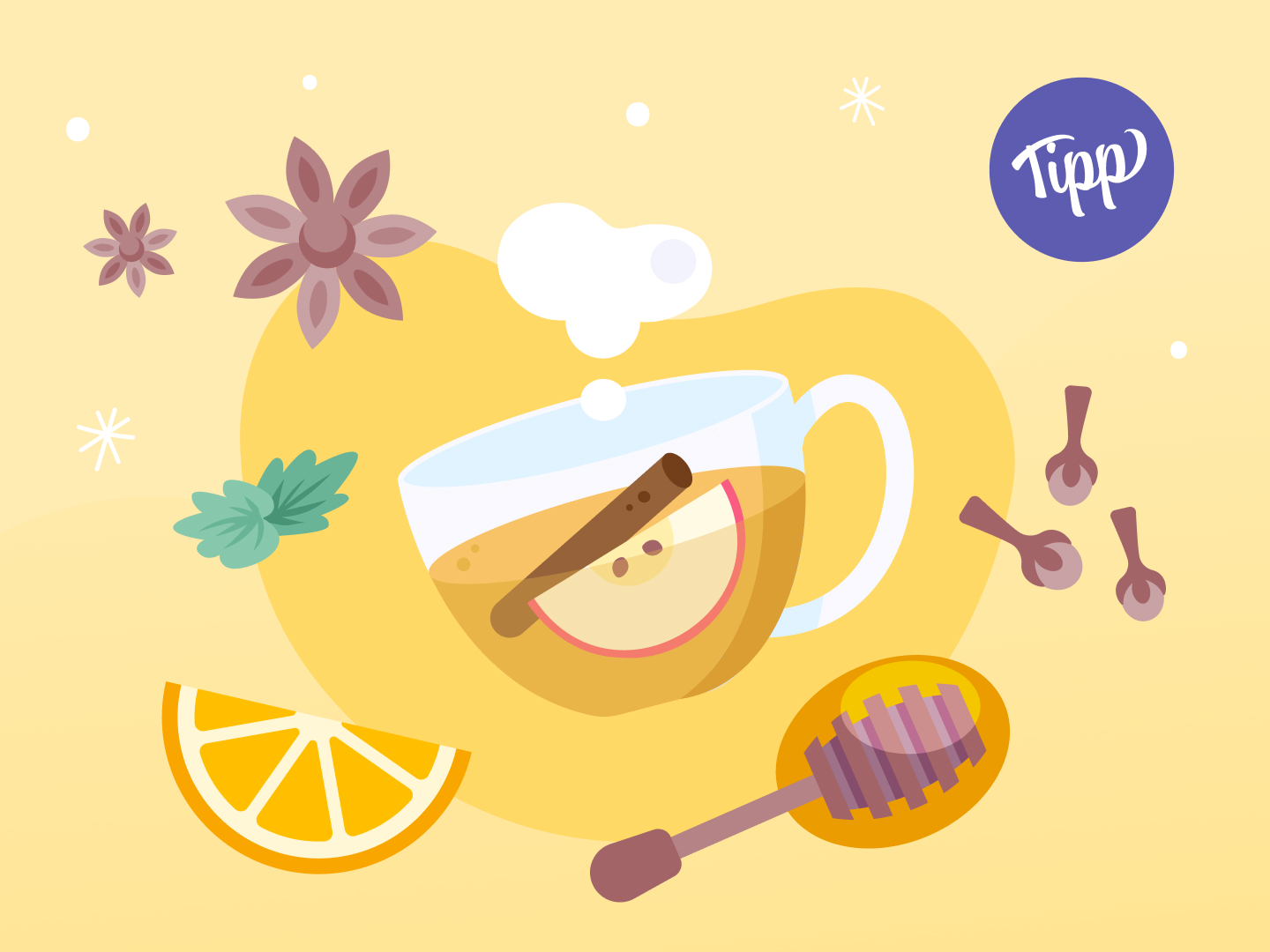 Eine Tasse mit heißem Apfelpunsch und verschiedenen Gewürzen.