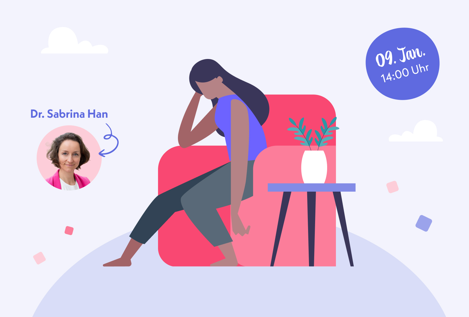 Eine Frau sitzt erschöpft auf dem Sessel.