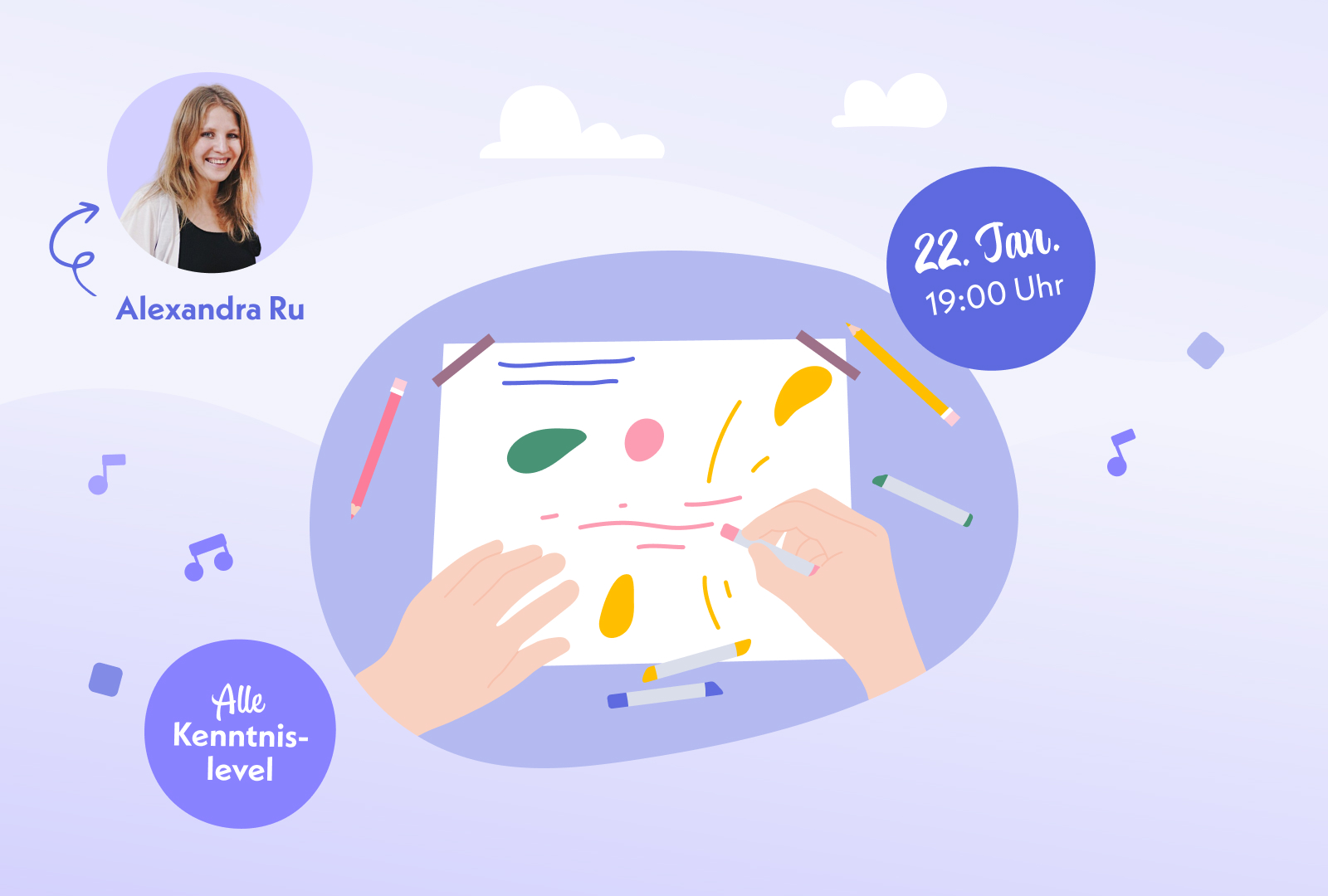 Hände die zeichnen. Musiknoten. 