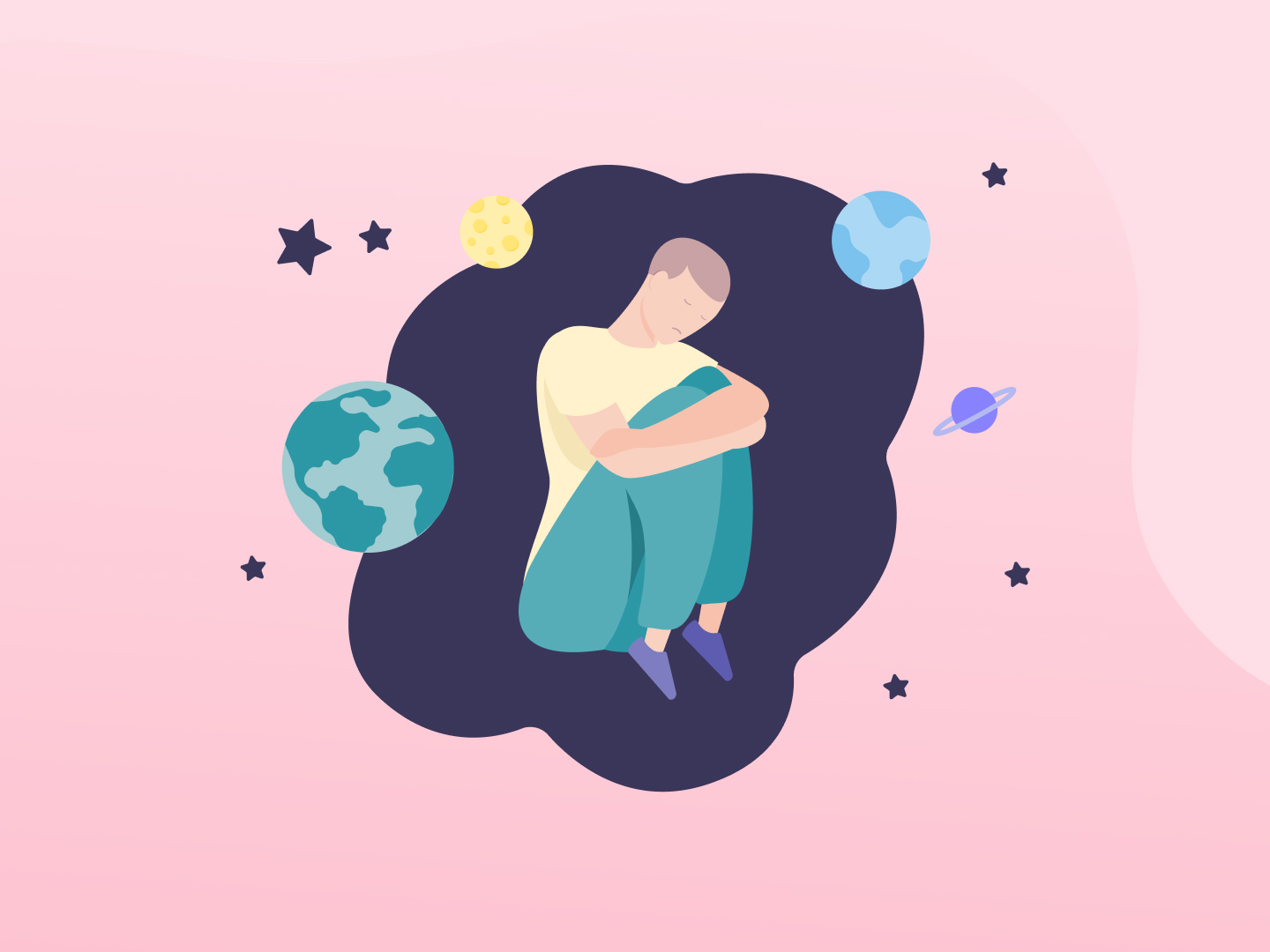 Eine Person umarmt sich selbst während sie hilflos im dunklen Weltall schwebt.