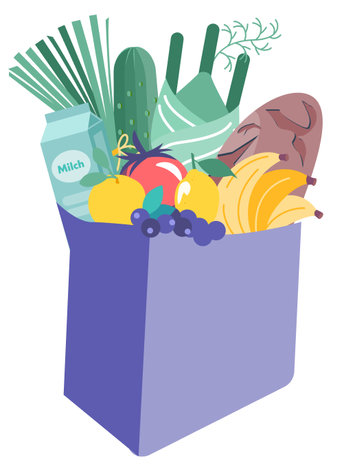 Eine volle Einkaufstüte mit Gemüse, Obst, Brot und Milch.