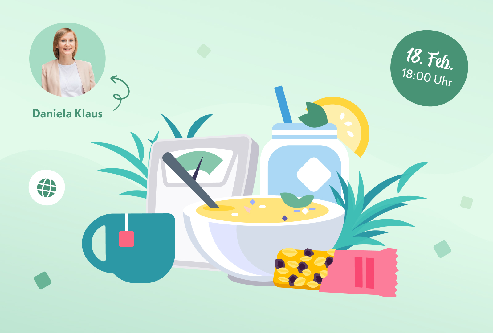 Eine Waage, eine Suppenschüssel, ein Glas Wasser, eine Tasse Tee und ein Müsliriegel.