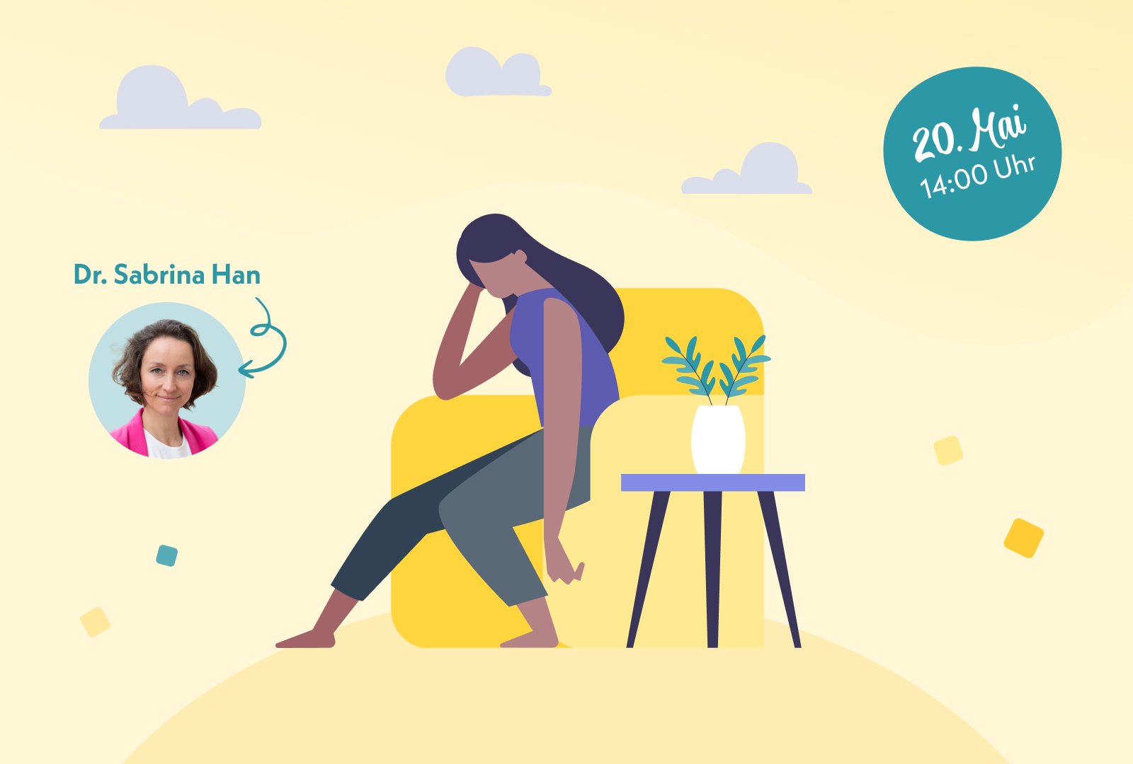 Eine Frau sitzt erschöpft auf dem Sessel.