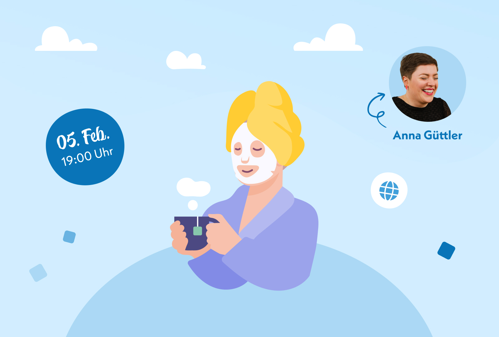 Eine junge Frau mit Gesichtsmaske und Tee in Hand.