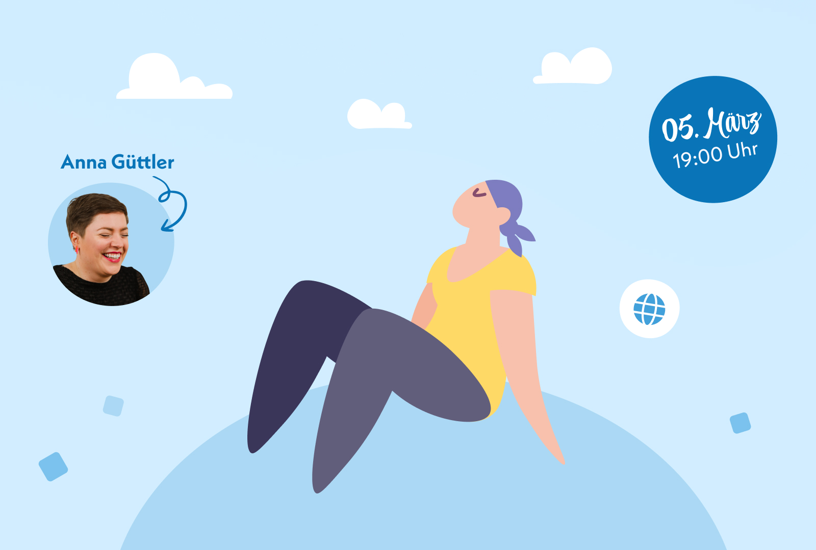 Eine junge Frau sitzt entspannt auf einem Hügel.