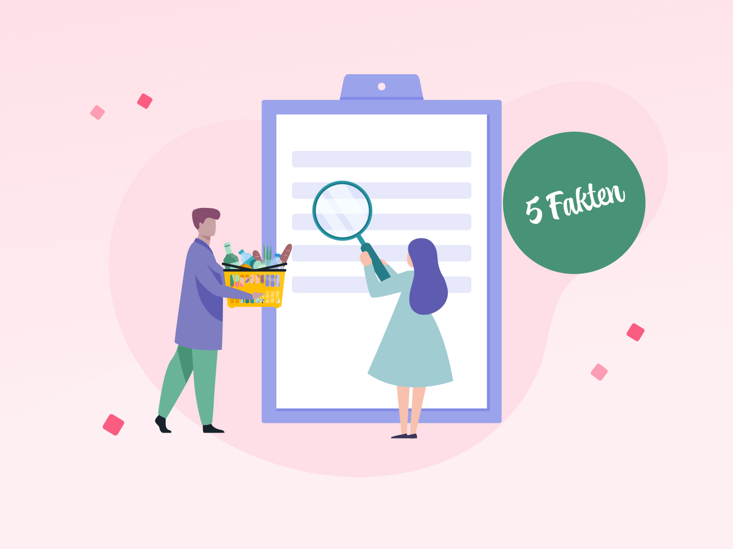 Zwei Personen schauen sich fünf Fakten auf einem Board an.