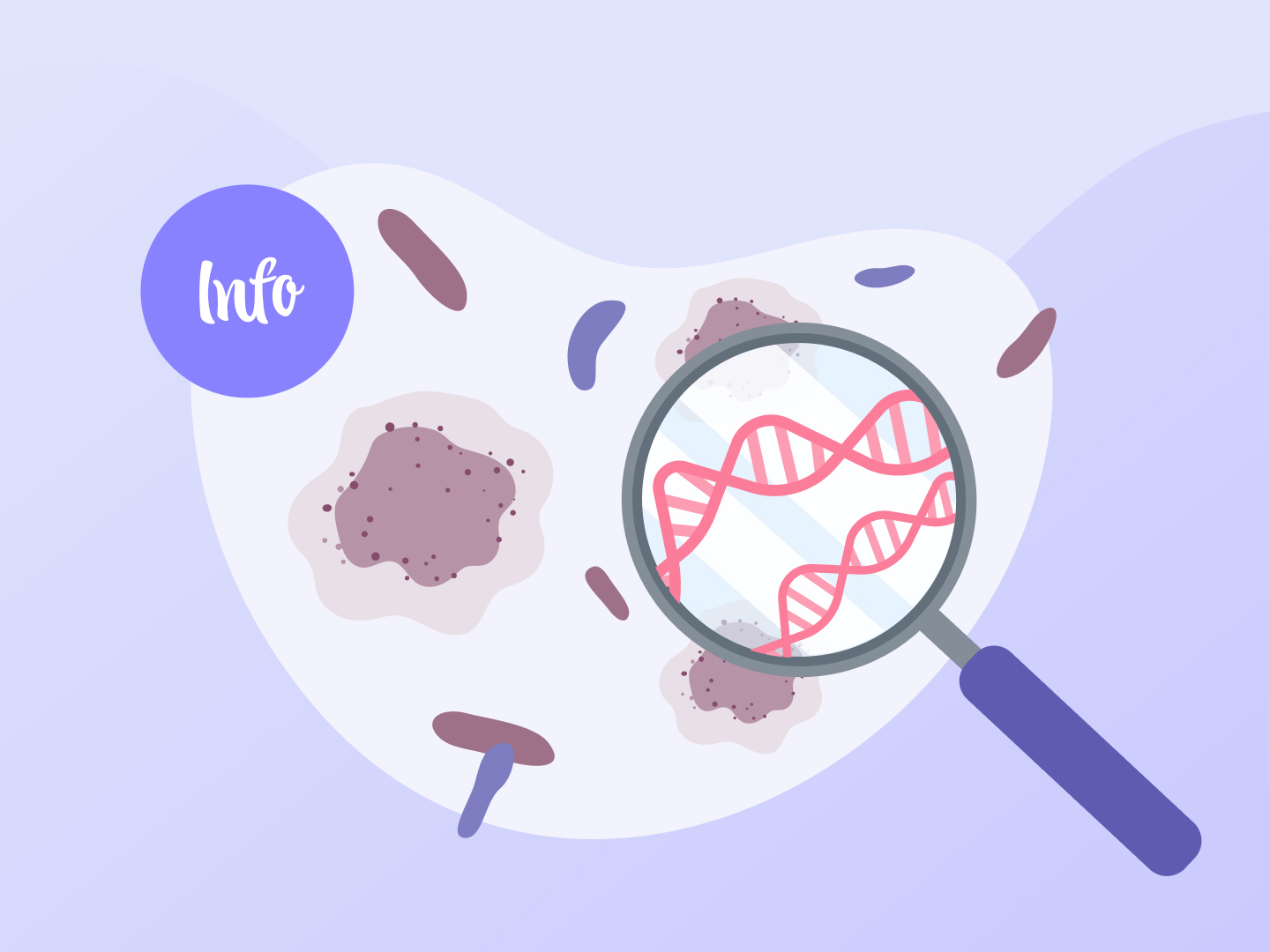 Eine Lupe vergrößert einen DNA Strang, um diesen auf Mutationen zu untersuchen.
