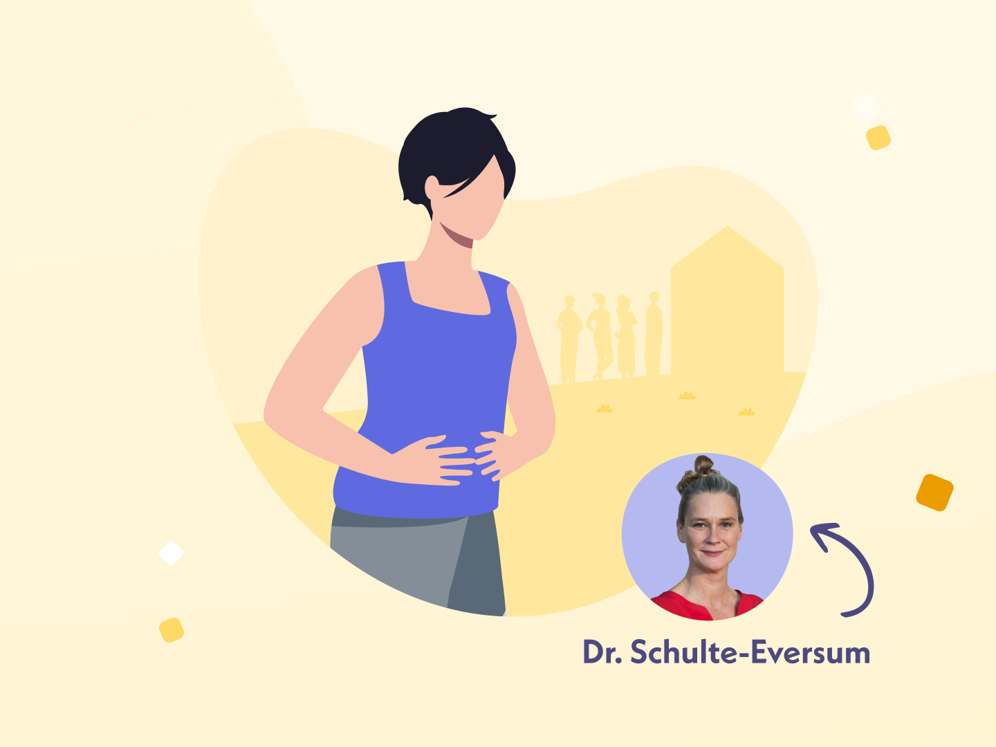 Eine Frau mit kurzen Haaren hält sich den Bauch und im Hintergrund ist eine Schlange vor dem Toilettenhäuschen zu sehen.