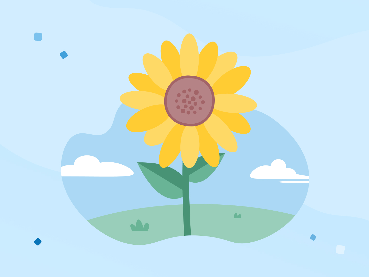 Eine strahlend gelbe Sonnenblume steht vor einem blauen Himmel auf einer grünen Wiese.