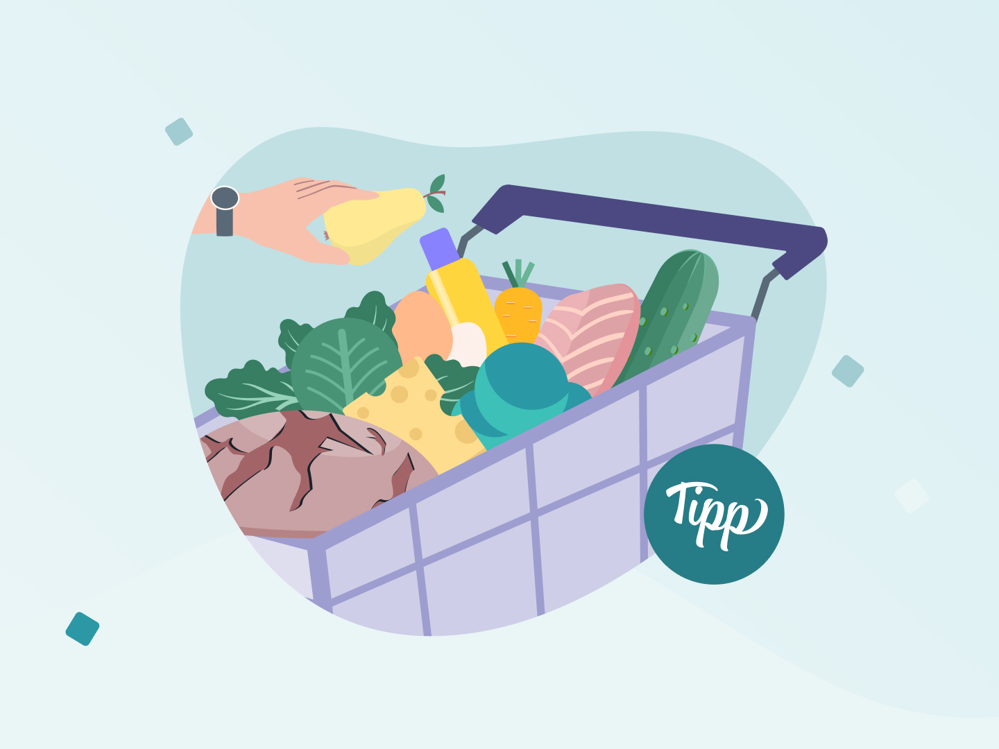 Gemüse und Obst, wie Tomaten, Erbsen, Blaubeeren im Einkaufswagen.