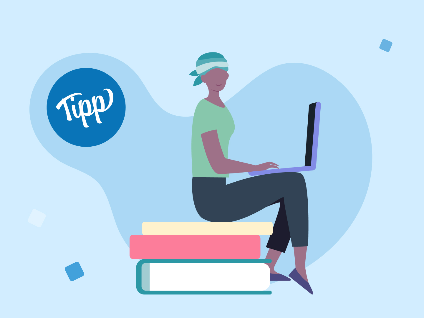 Eine Frau sitzt auf Büchern mit einem geöffneten Laptop auf ihrem Schoss.