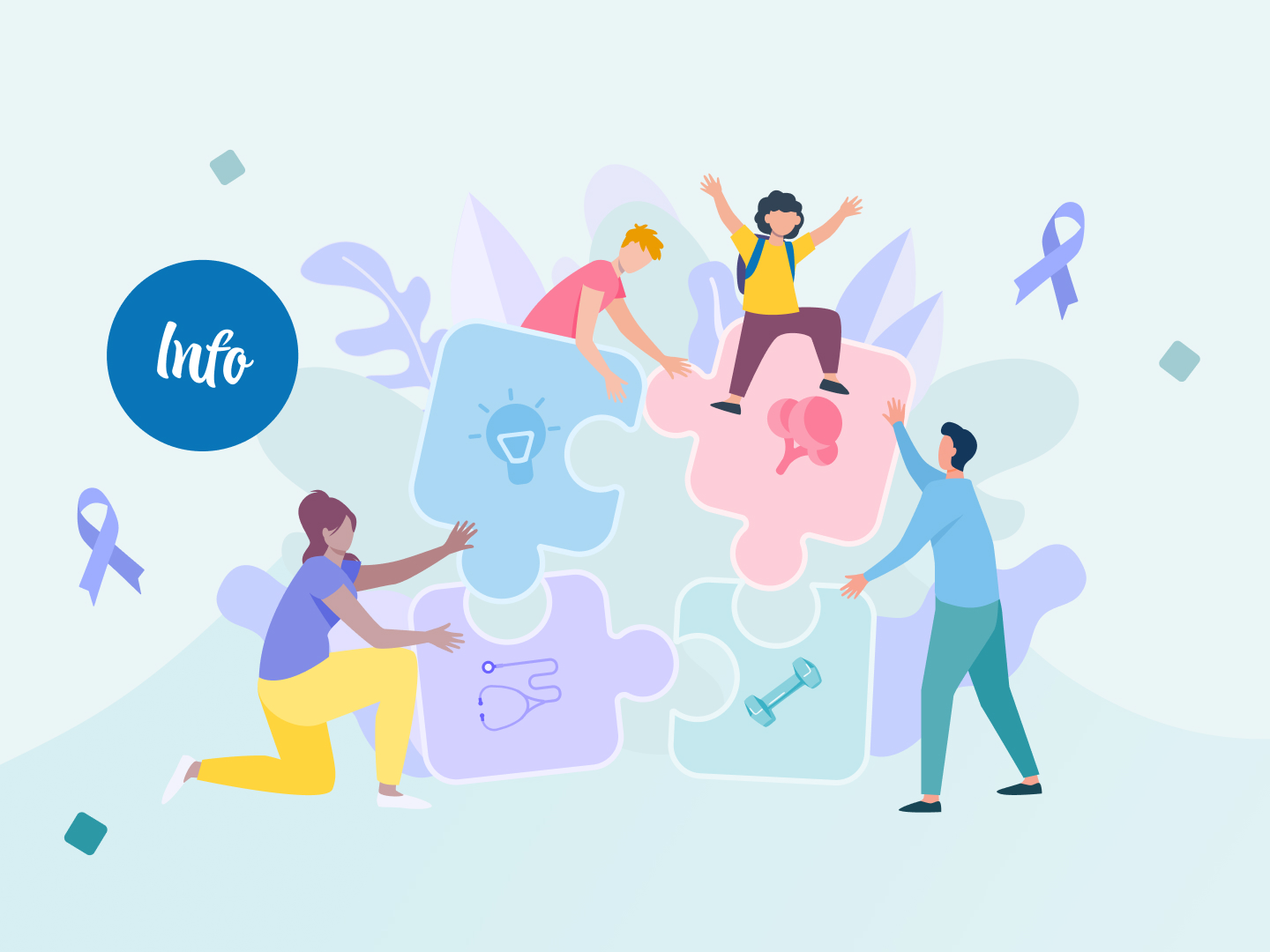 Verschiedene Personen halten vier Puzzelteile und fügen sie zu einem Ganzen zusammen. Auf den Puzzelteilen sind Illustrationen von einem Sportgerät, einer Glühbirne, einem Stethoskop und einem Brokkoli zu sehen.