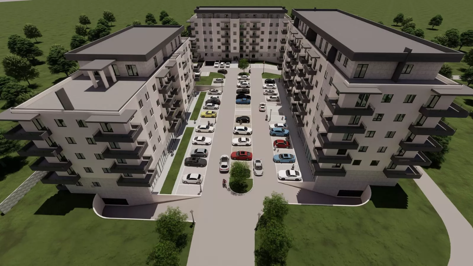 Aerial view of a modern U-shaped residential building complex with multiple balconies and a parking lot filled with cars in the center.