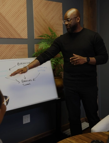 dan explaining concept on a whiteboard