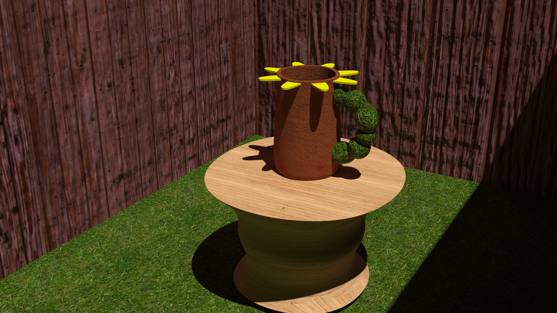 3D render of a flower cup on a stand outdoors