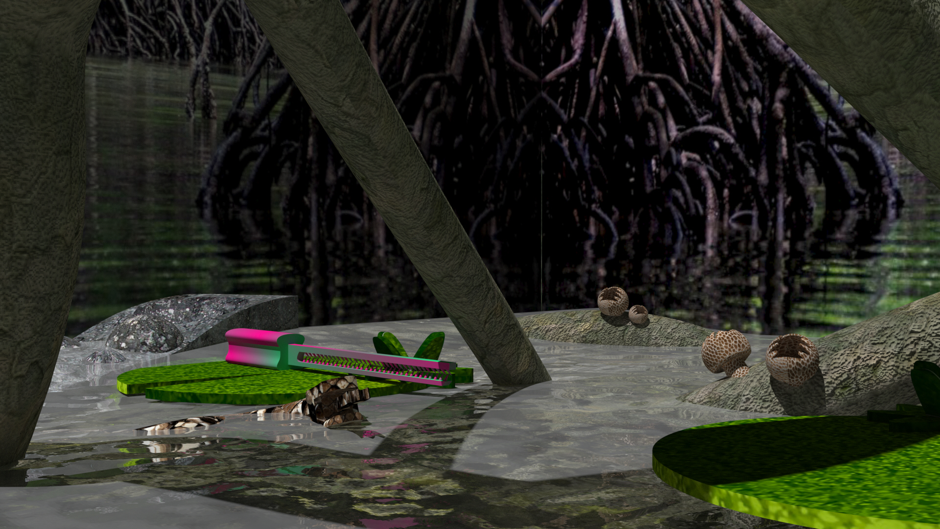 3D render of a swamp with lily pads, snakes, and mushrooms.