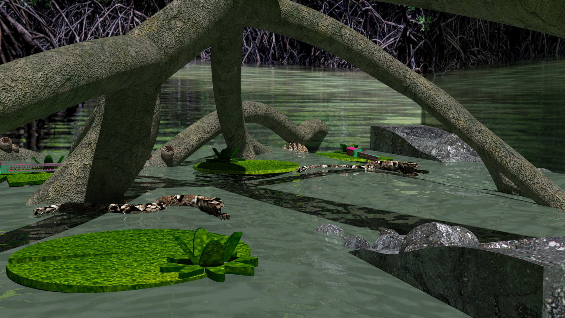 3D render of a swamp with lily pads, snakes, and mushrooms.