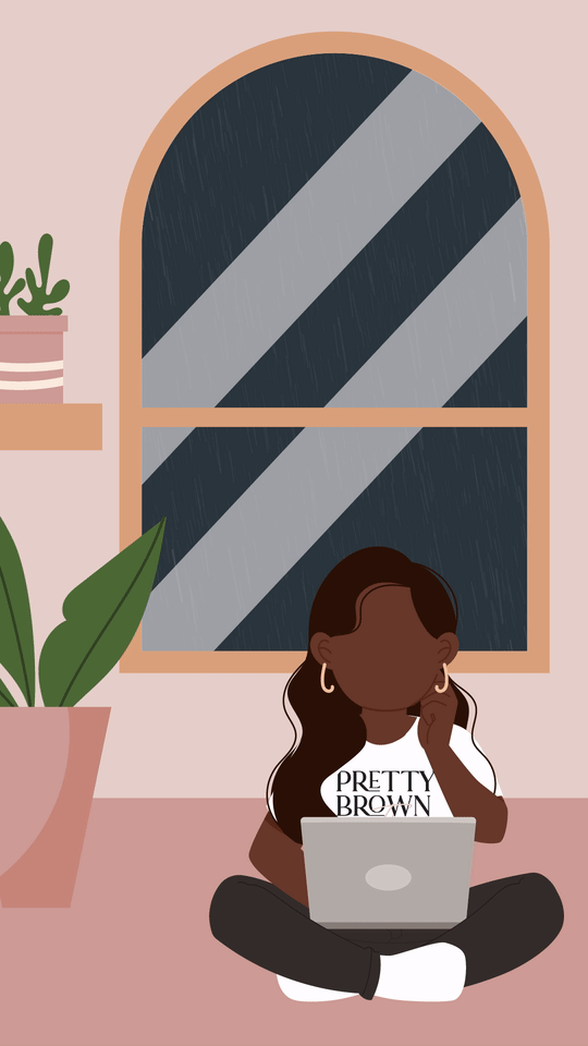Gif of girl sitting in room using laptop while rain pours in window behind her
