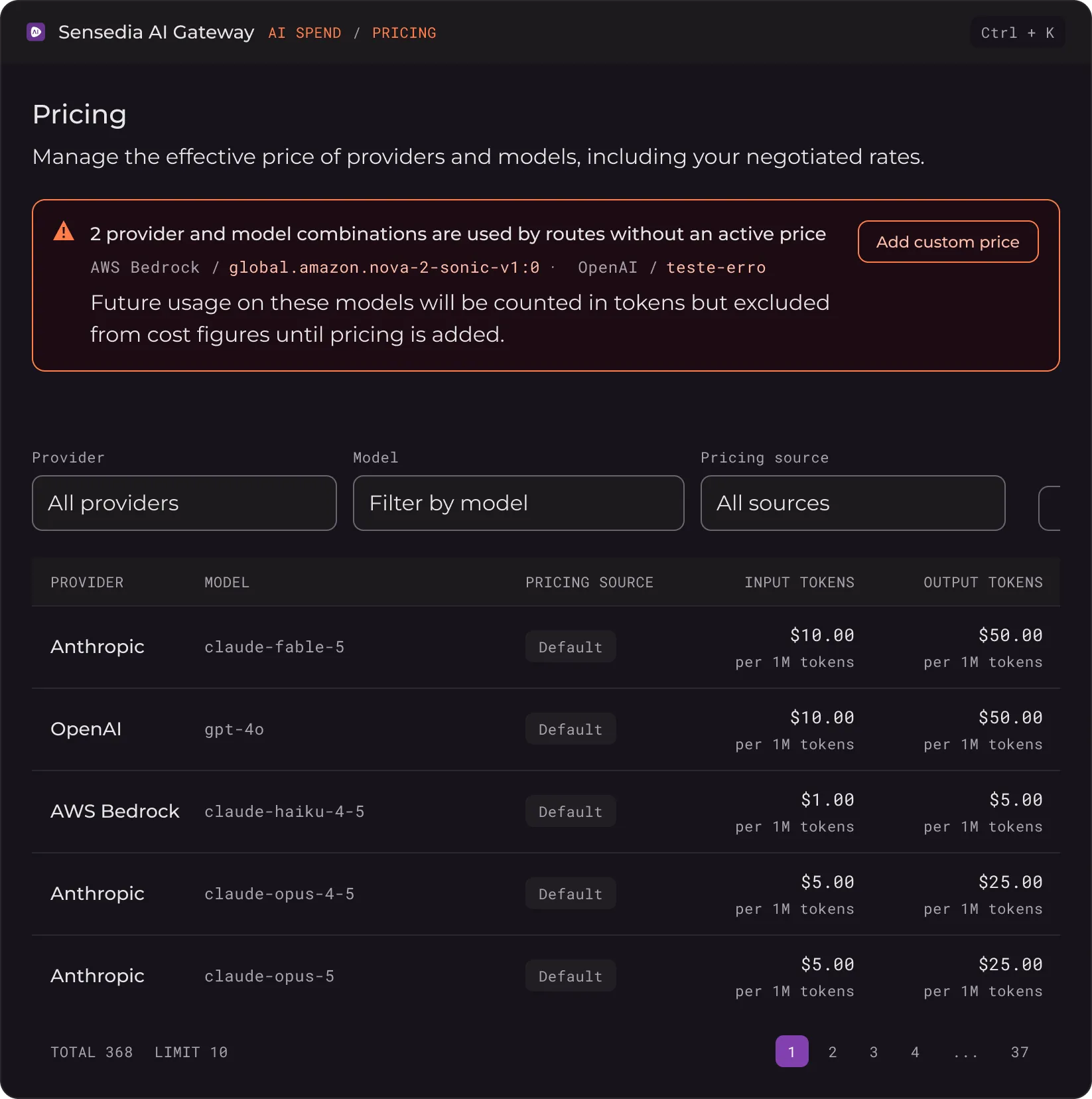 Sensedia AI Gateway pricing screen with per-model price tables